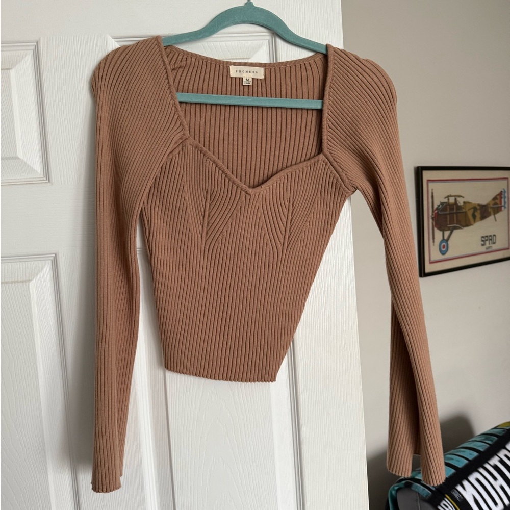 Promesa Brown Ribbed Long Sleeve Blouse